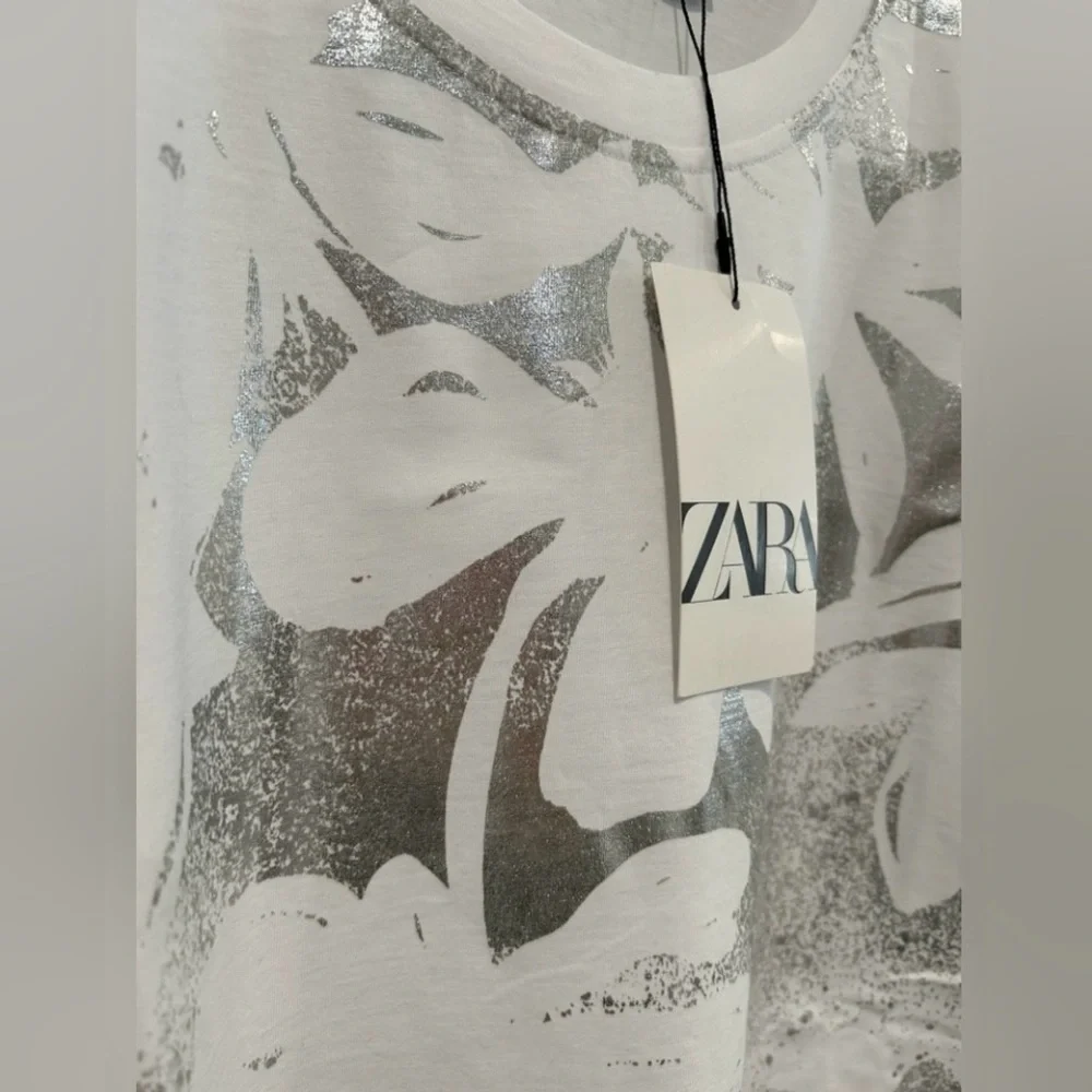 Zara Silver Metallic Floral Foil White T-shirt | Short Sleeves | XL | NWT - Picture 10 of 15